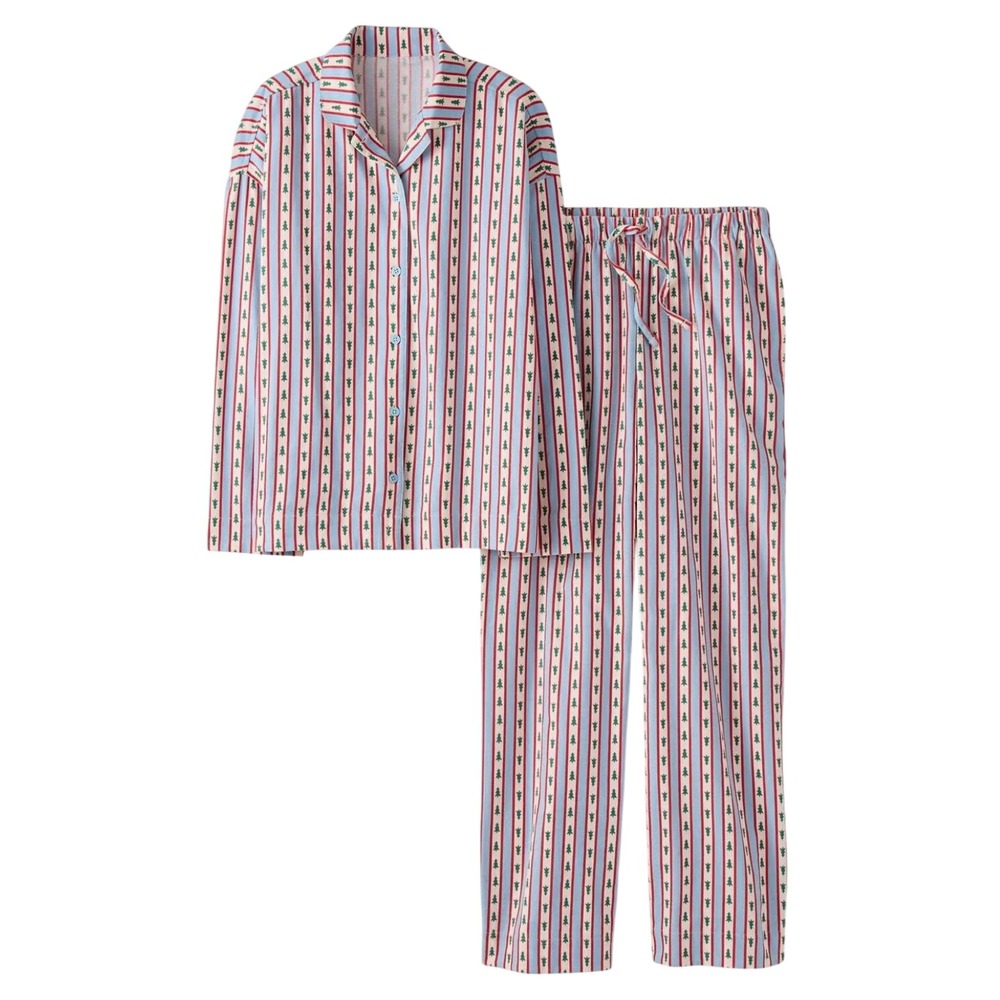Hanna Andersson Christmas Flannel Pajama Set Tree Ribbons On Blue Womens Size L